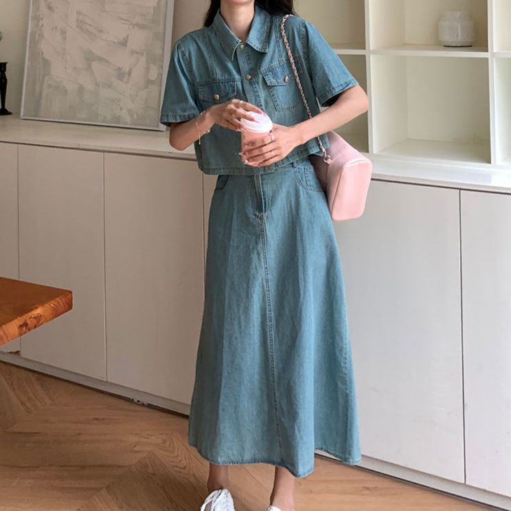 デニムセットアップ ポケット付き半袖デニムセットアップ