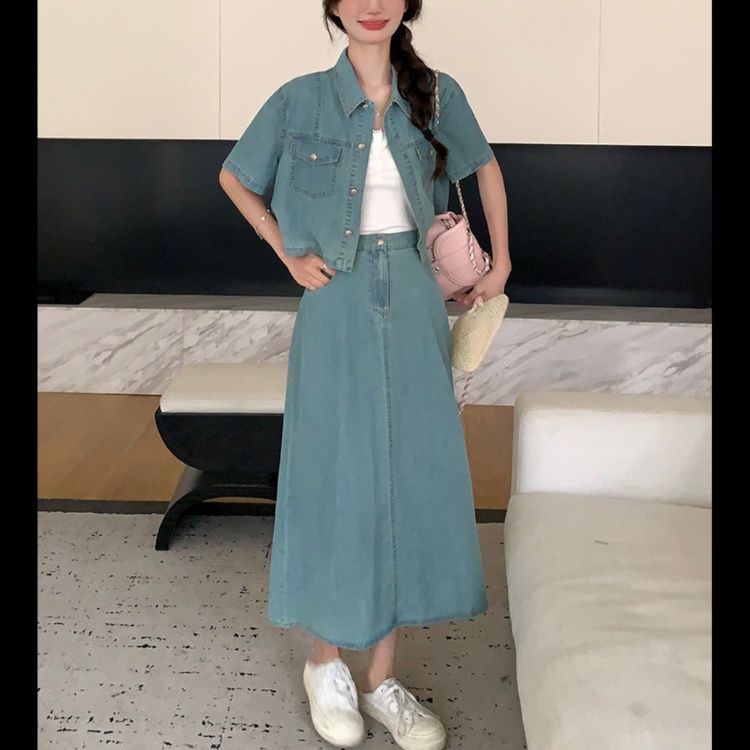 デニムセットアップ ポケット付き半袖デニムセットアップ