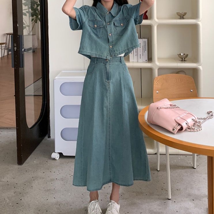 デニムセットアップ ポケット付き半袖デニムセットアップ