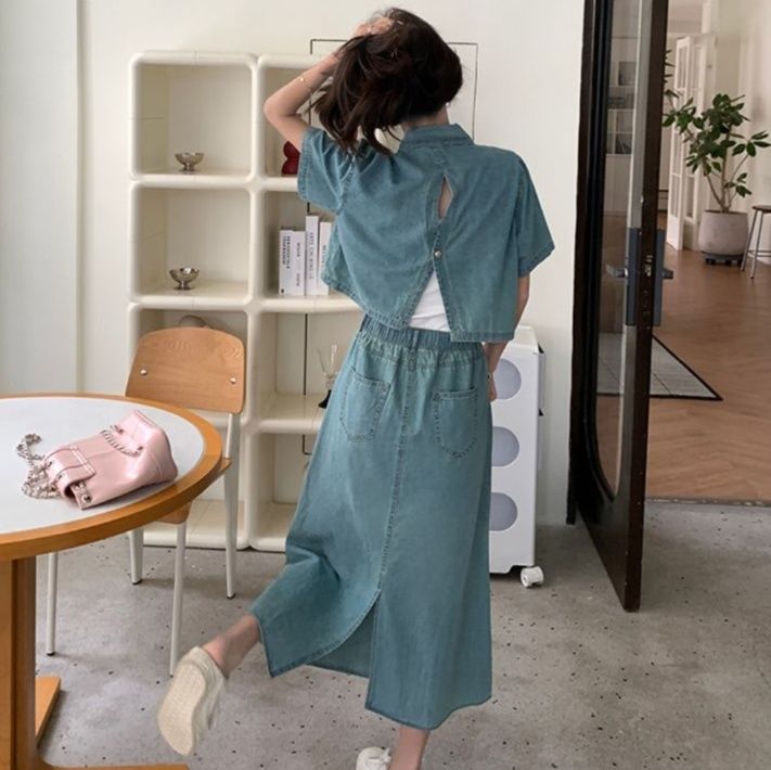 デニムセットアップ ポケット付き半袖デニムセットアップ