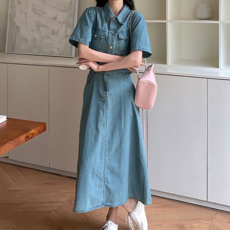 デニムセットアップ ポケット付き半袖デニムセットアップ