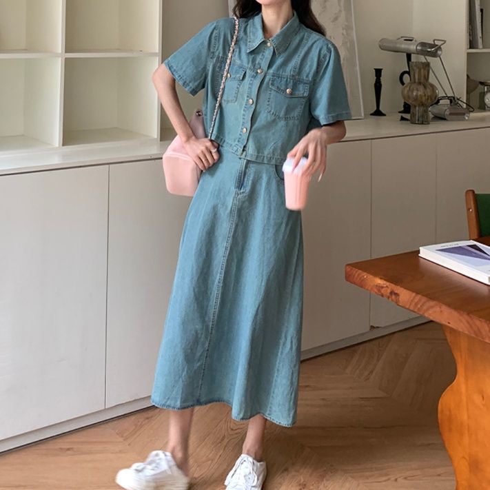 デニムセットアップ ポケット付き半袖デニムセットアップ