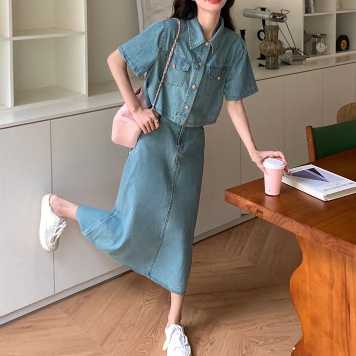 デニムセットアップ ポケット付き半袖デニムセットアップ