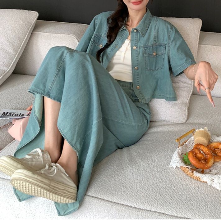 デニムセットアップ ポケット付き半袖デニムセットアップ