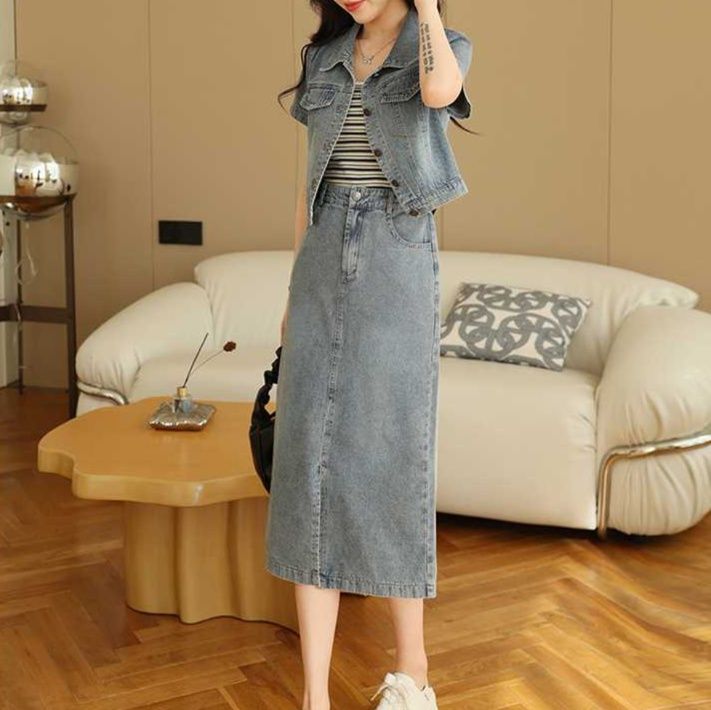 デニムセットアップ 短袖デニムジャケット×ミモレ丈スカート