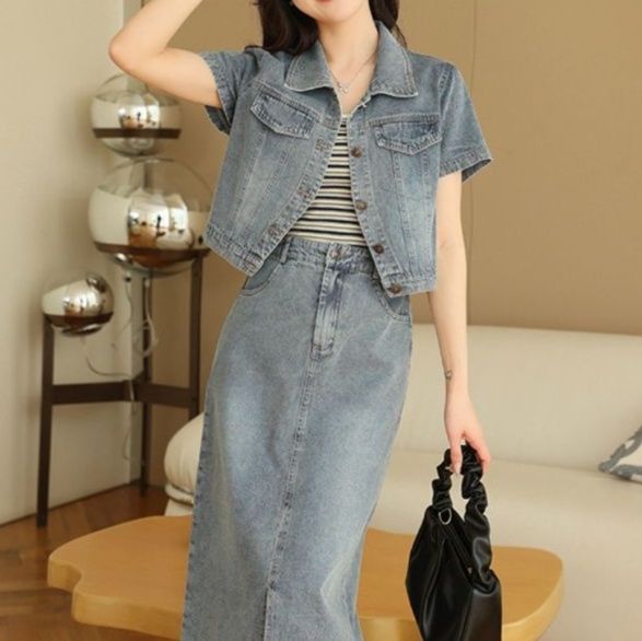 デニムセットアップ 短袖デニムジャケット×ミモレ丈スカート