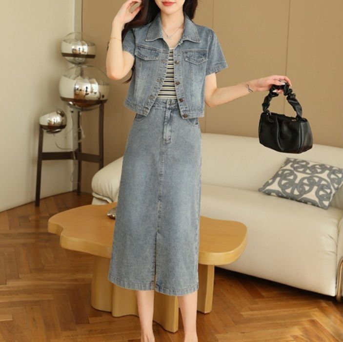 デニムセットアップ 短袖デニムジャケット×ミモレ丈スカート