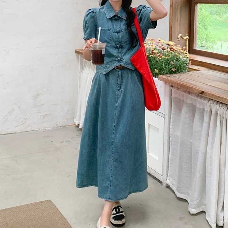 デニムセットアップ パフスリーブ上品デニムセットアップ