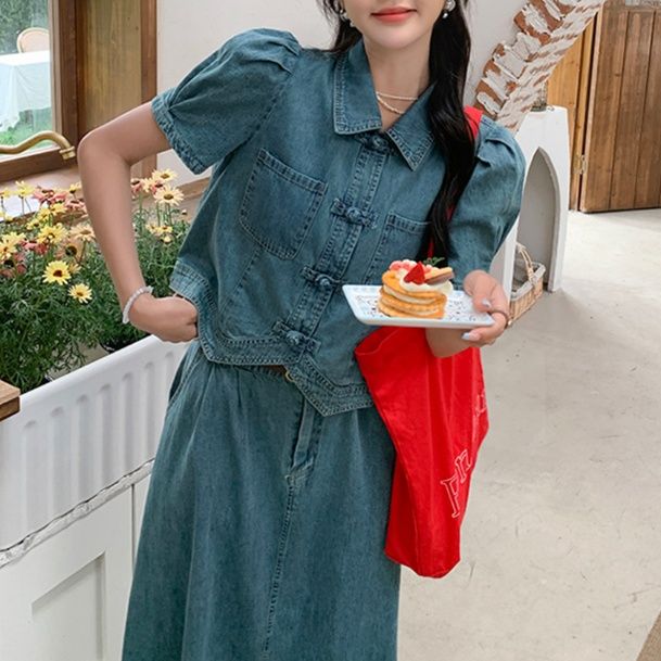 デニムセットアップ パフスリーブ上品デニムセットアップ