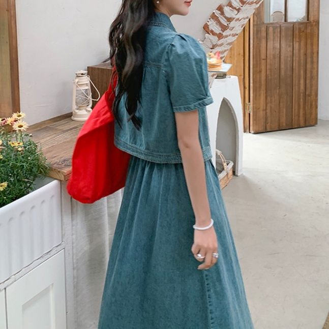 デニムセットアップ パフスリーブ上品デニムセットアップ