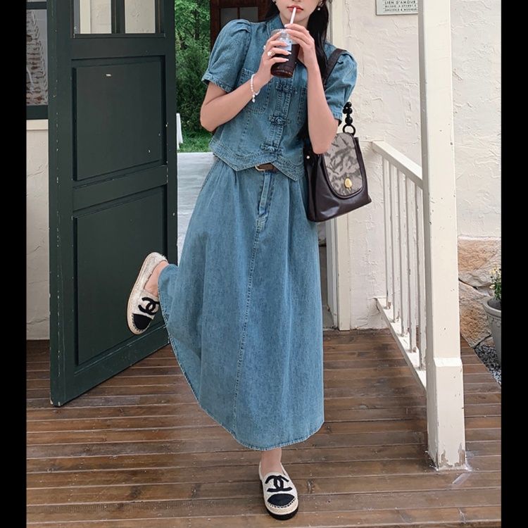 デニムセットアップ パフスリーブ上品デニムセットアップ