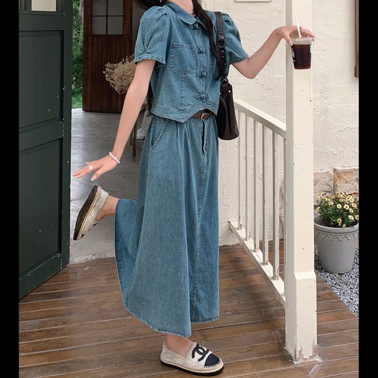 デニムセットアップ パフスリーブ上品デニムセットアップ