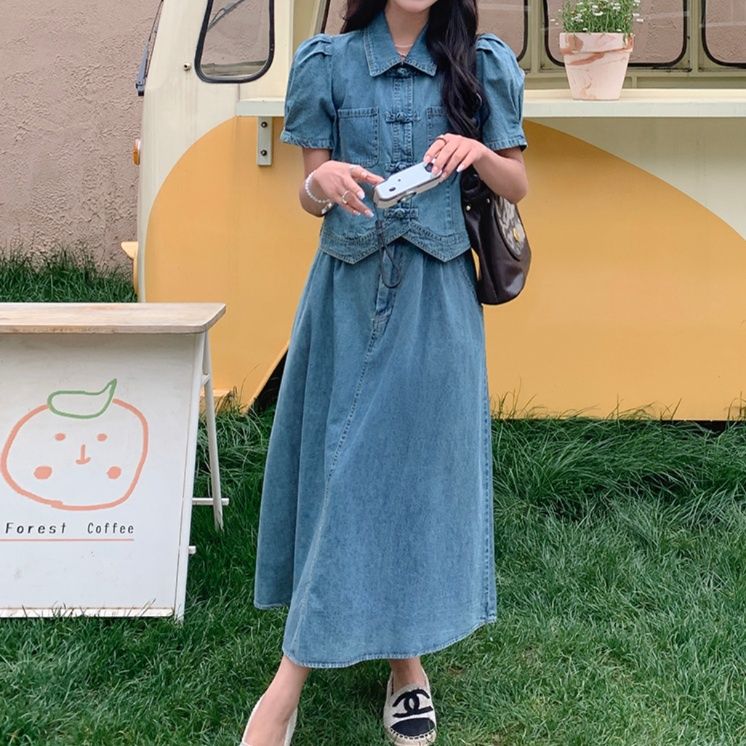 デニムセットアップ パフスリーブ上品デニムセットアップ