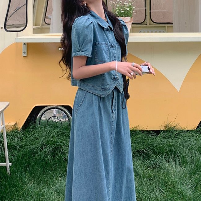 デニムセットアップ パフスリーブ上品デニムセットアップ