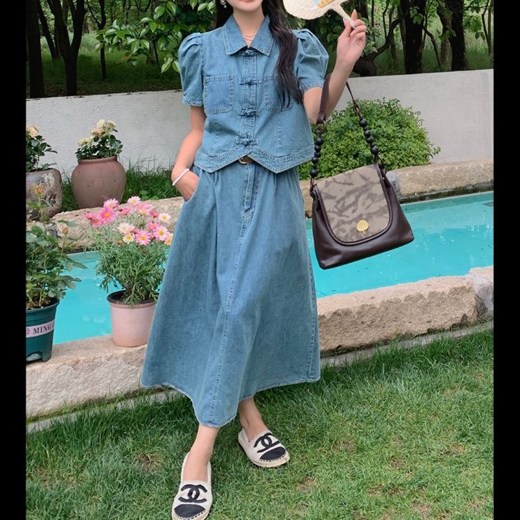 デニムセットアップ パフスリーブ上品デニムセットアップ