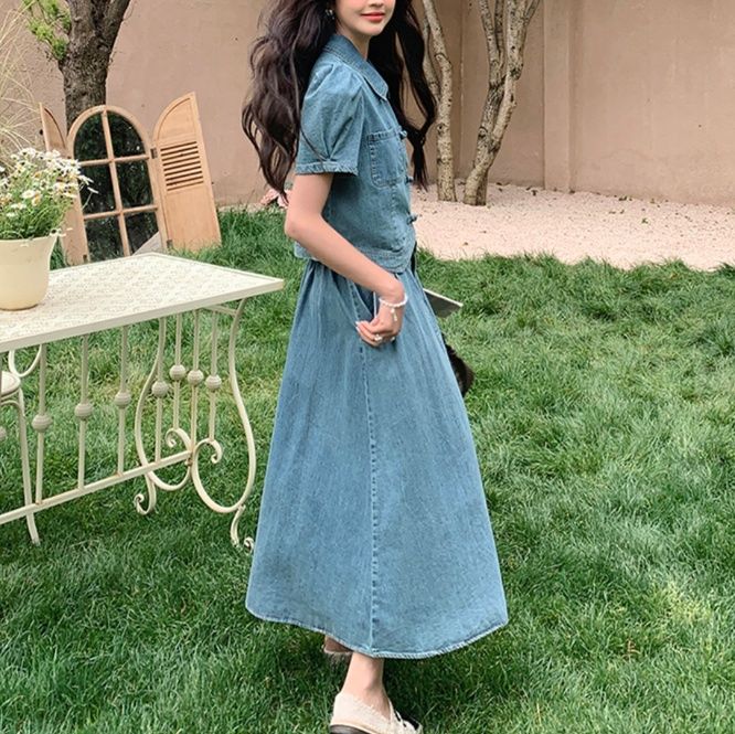 デニムセットアップ パフスリーブ上品デニムセットアップ