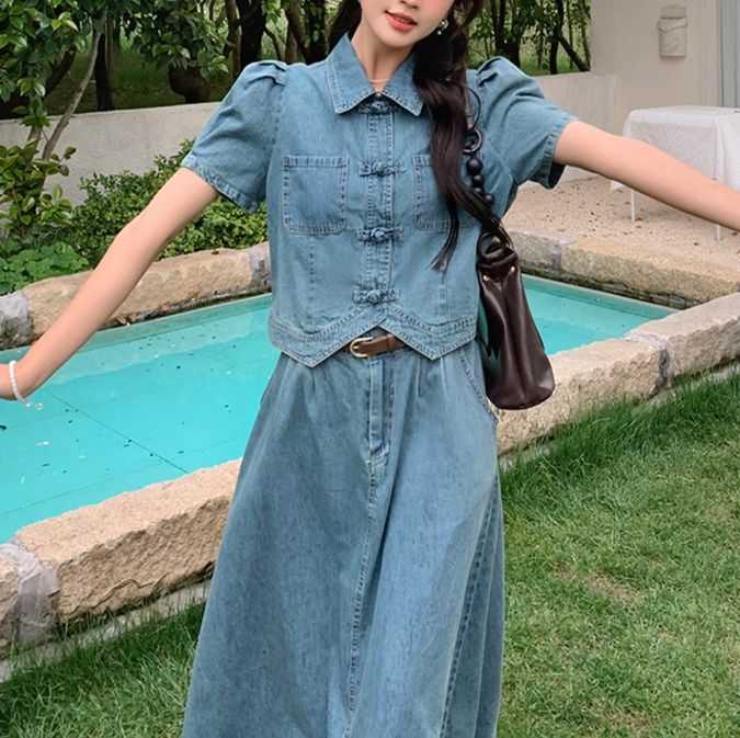 デニムセットアップ パフスリーブ上品デニムセットアップ