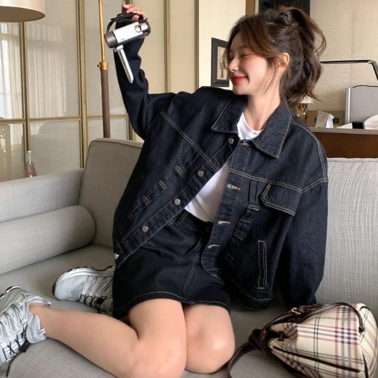 デニムセットアップ ゆったりシルエットデニムジャケット×台形ミニスカートセット