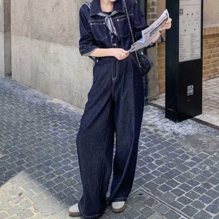 デニムセットアップ クラシック風ワイドジージャンセット