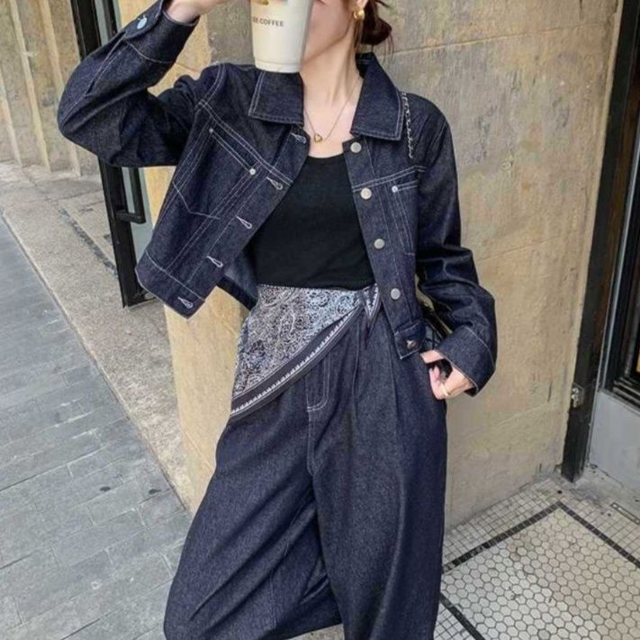 デニムセットアップ クラシック風ワイドジージャンセット