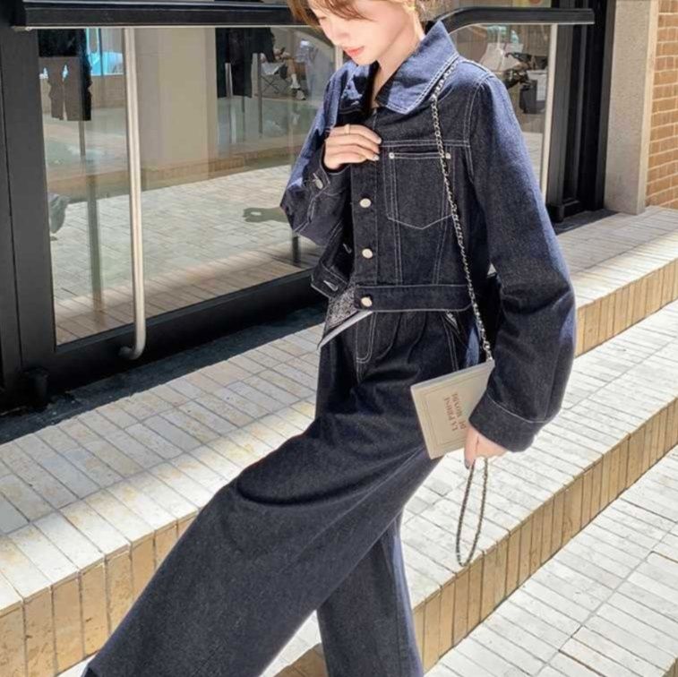 デニムセットアップ クラシック風ワイドジージャンセット