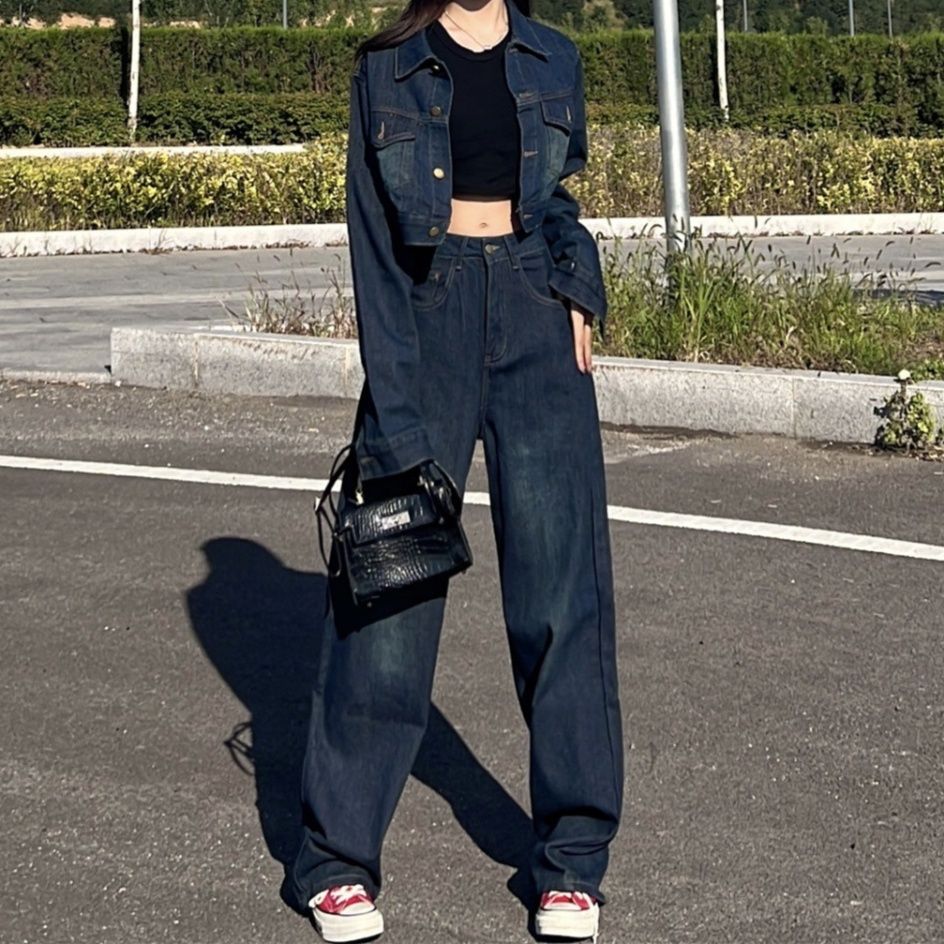 デニムセットアップ クロップド丈ジージャンワイドパンツセット