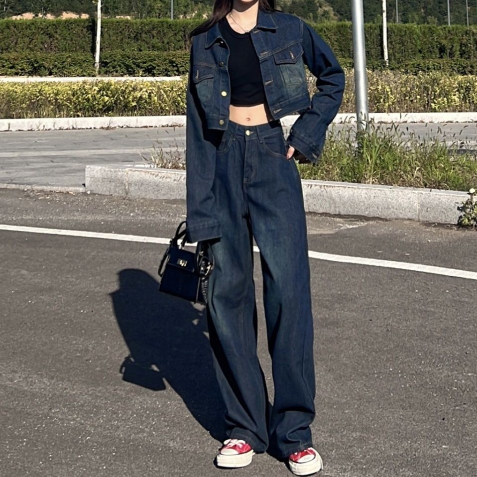 デニムセットアップ クロップド丈ジージャンワイドパンツセット