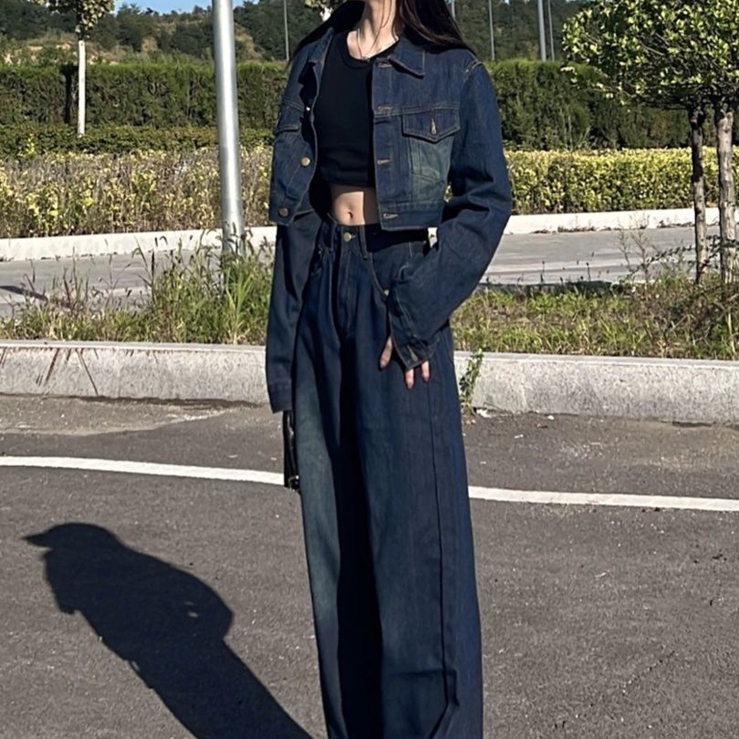 デニムセットアップ クロップド丈ジージャンワイドパンツセット