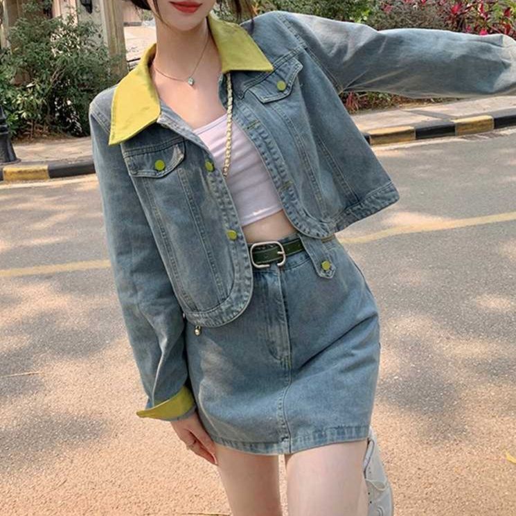 デニムセットアップ 配色デザインデニムスカートセット