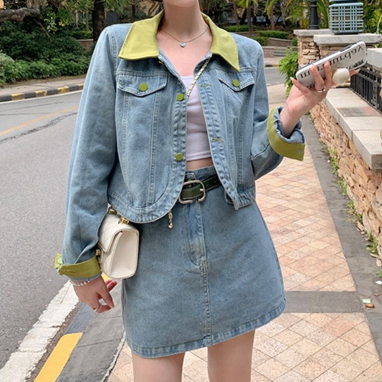 デニムセットアップ 配色デザインデニムスカートセット