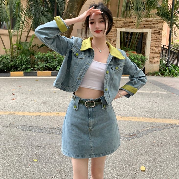 デニムセットアップ 配色デザインデニムスカートセット