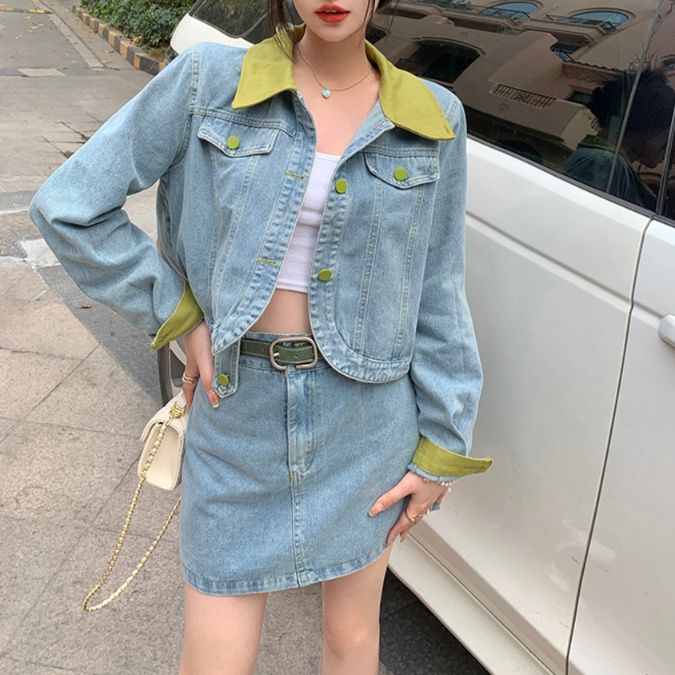 デニムセットアップ 配色デザインデニムスカートセット