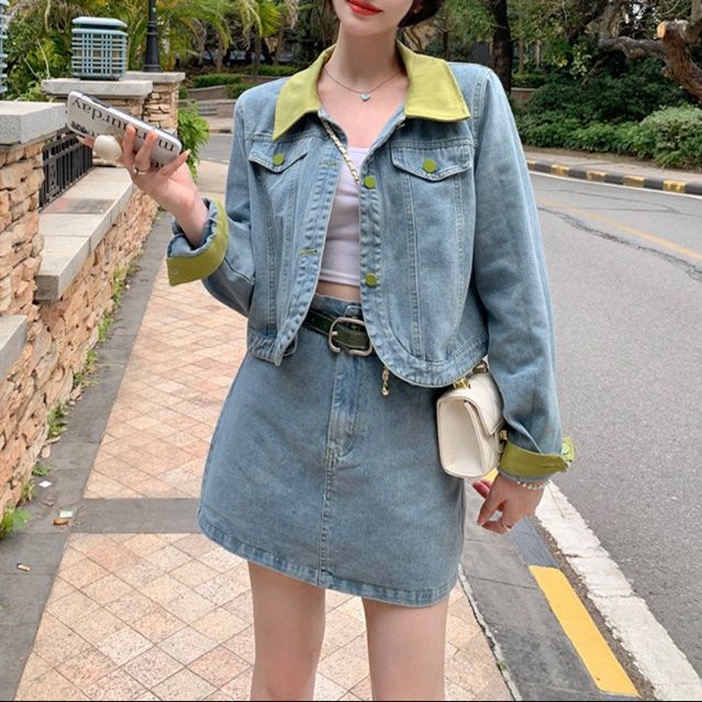 デニムセットアップ 配色デザインデニムスカートセット