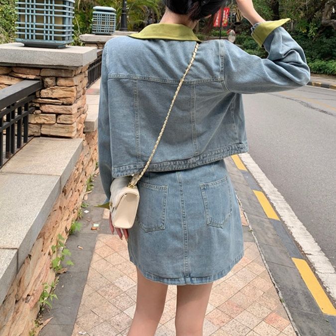 デニムセットアップ 配色デザインデニムスカートセット