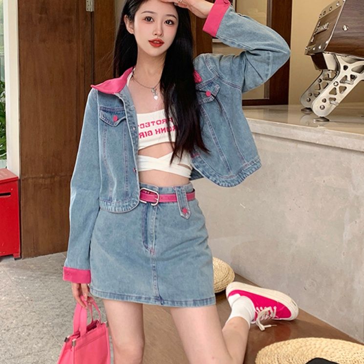 デニムセットアップ 配色デザインデニムスカートセット