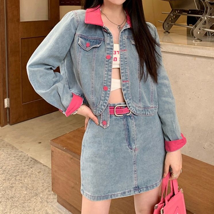 デニムセットアップ 配色デザインデニムスカートセット