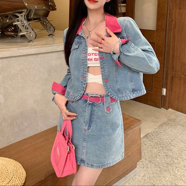 デニムセットアップ 配色デザインデニムスカートセット