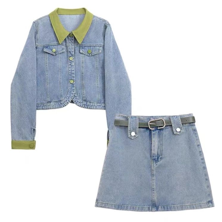 デニムセットアップ 配色デザインデニムスカートセット
