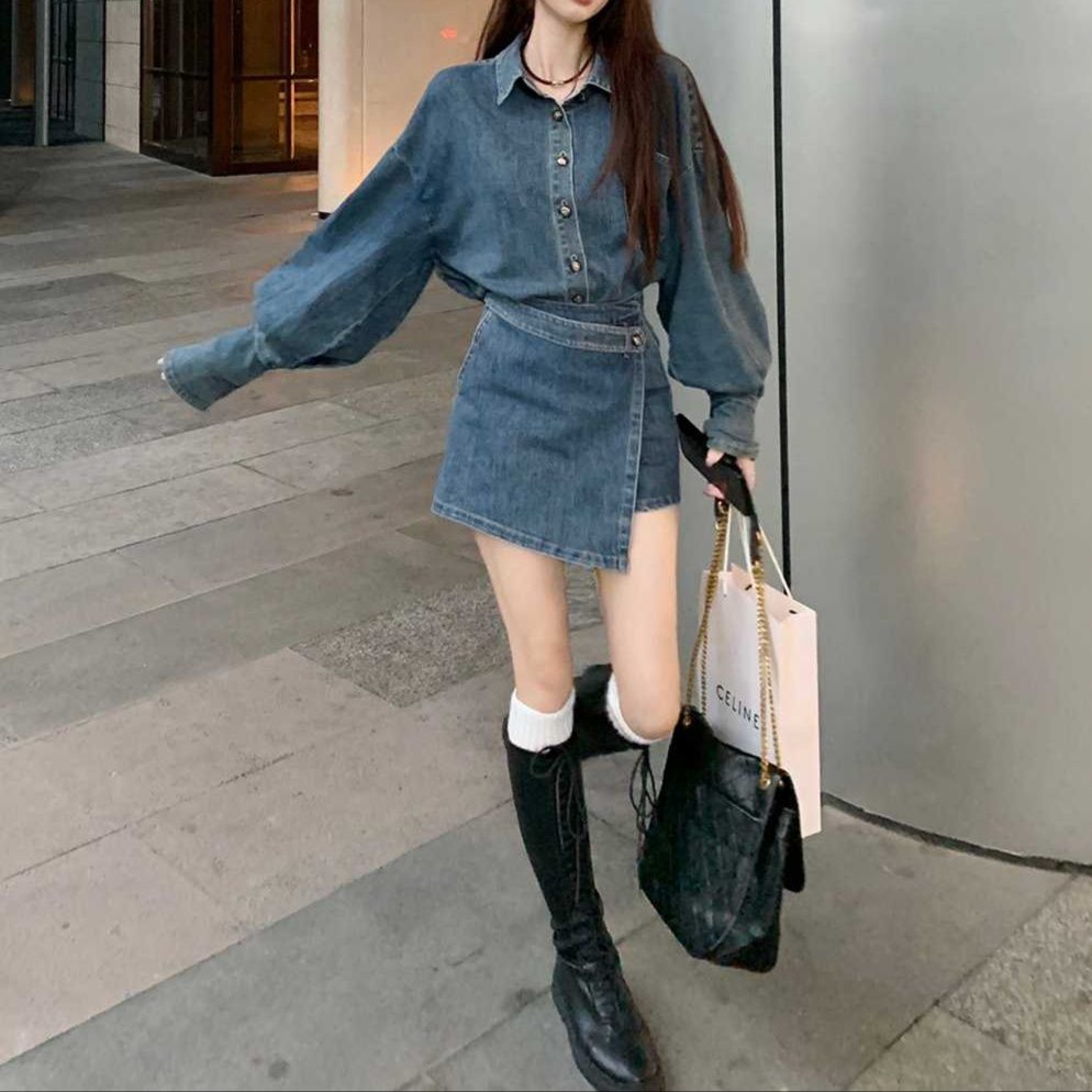 デニムセットアップ ゆったりシルエット巻きデザインスカパンセット