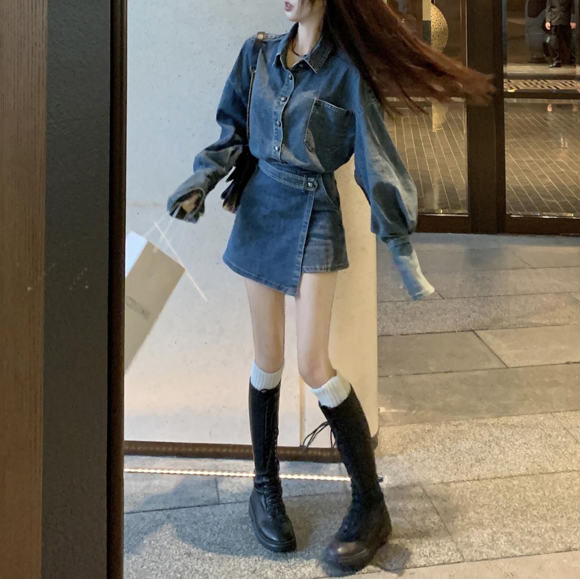 デニムセットアップ ゆったりシルエット巻きデザインスカパンセット