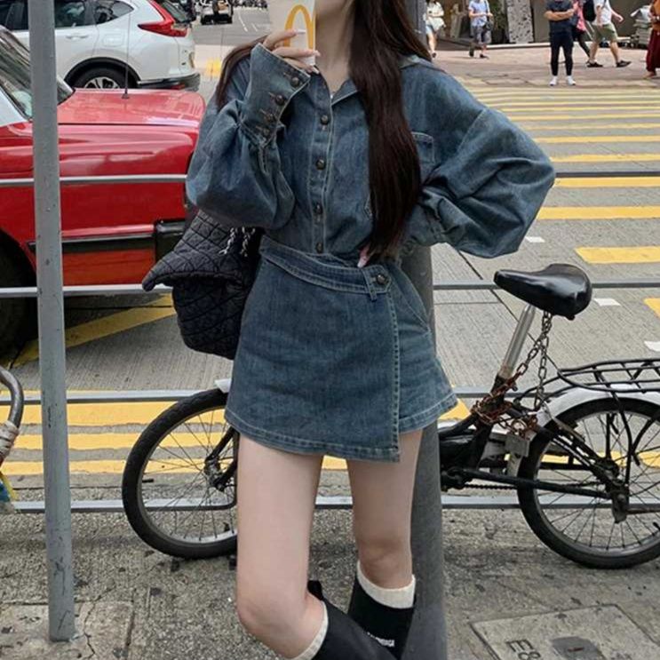 デニムセットアップ レトロカジュアル ラップスカパンセット