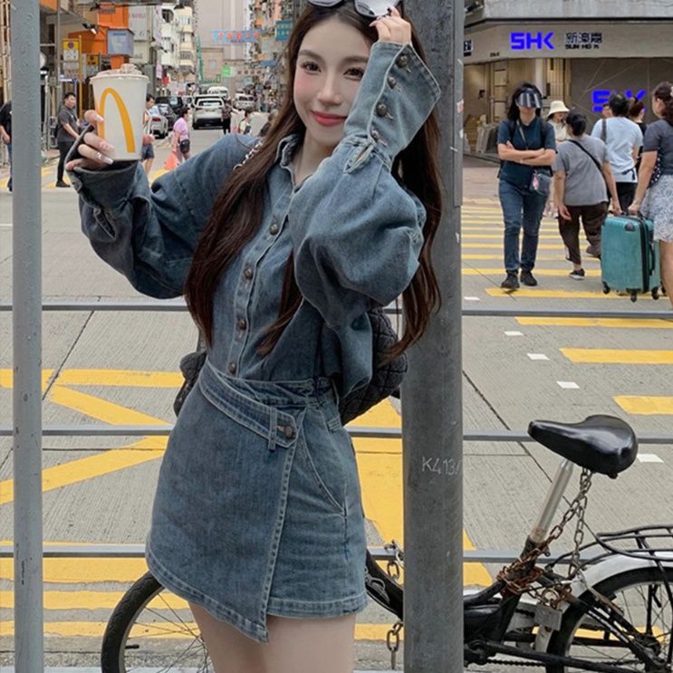 デニムセットアップ レトロカジュアル ラップスカパンセット