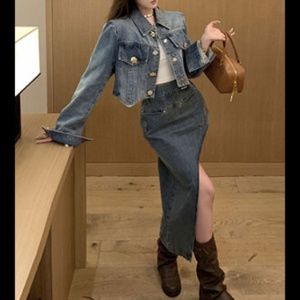 デニムセットアップ クロップド丈ジャケット＆スリットスカート