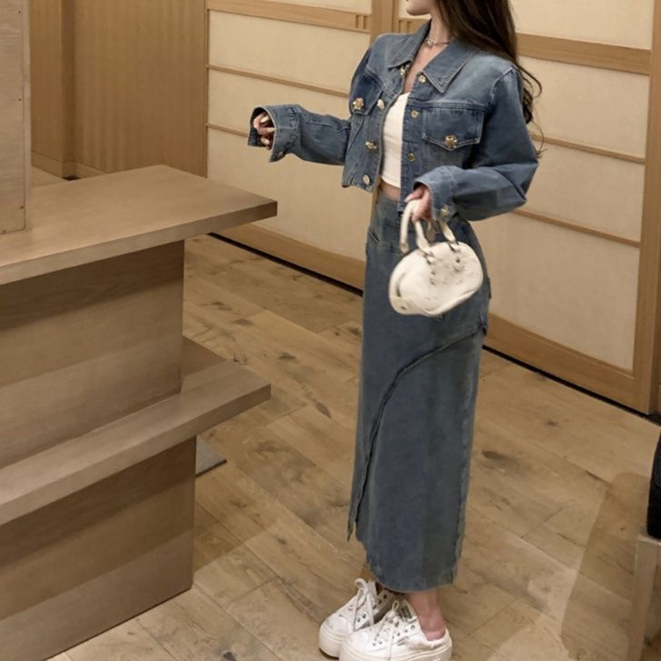 デニムセットアップ クロップド丈ジャケット＆スリットスカート