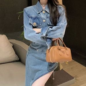 デニムセットアップ クロップド丈ジャケット＆スリットスカート