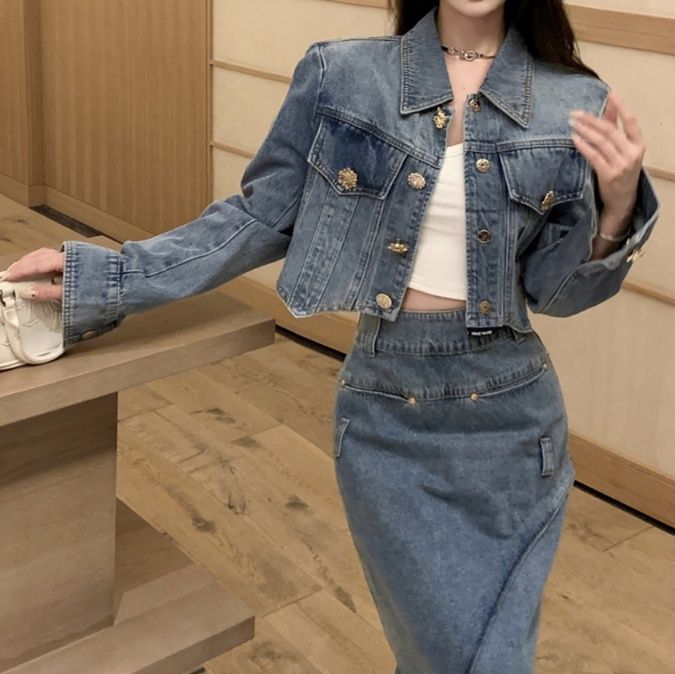 デニムセットアップ クロップド丈ジャケット＆スリットスカート