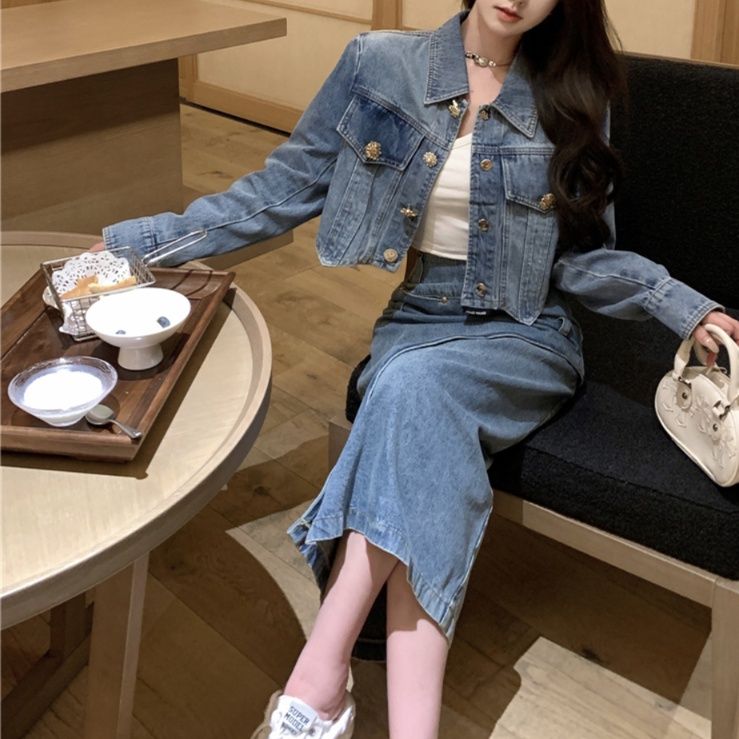 デニムセットアップ クロップド丈ジャケット＆スリットスカート