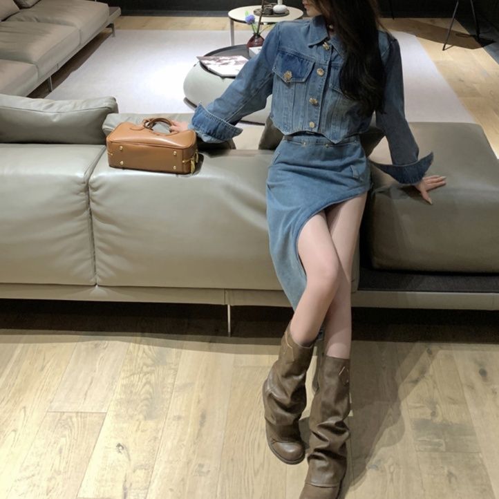 デニムセットアップ クロップド丈ジャケット&スリットスカート