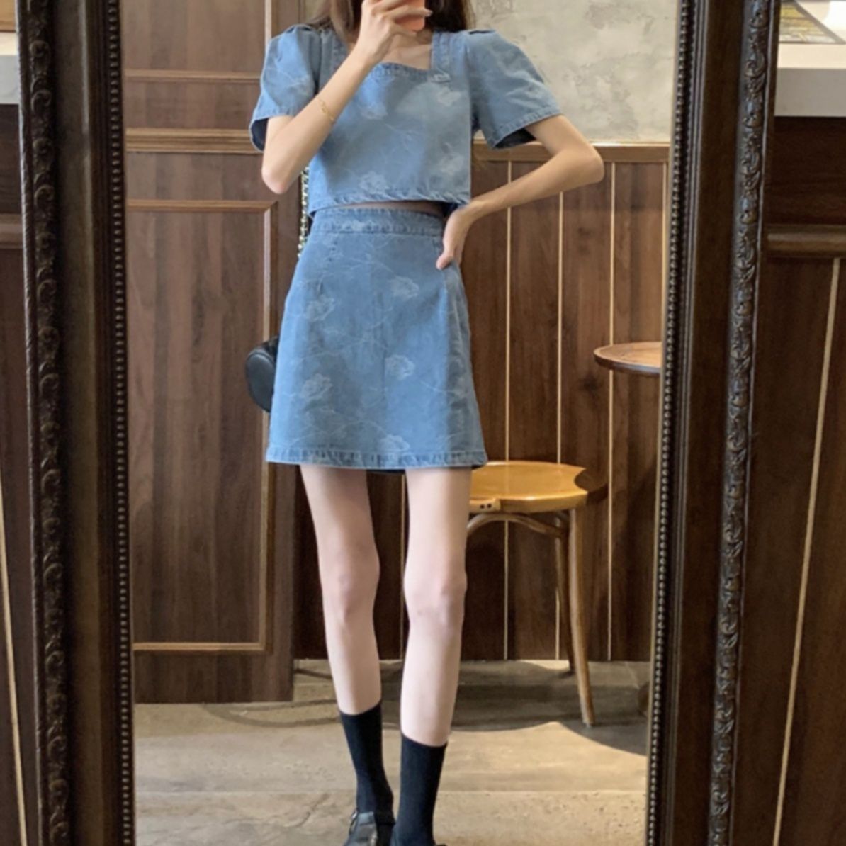 デニムセットアップ 薔薇模様ショート丈デニムセット