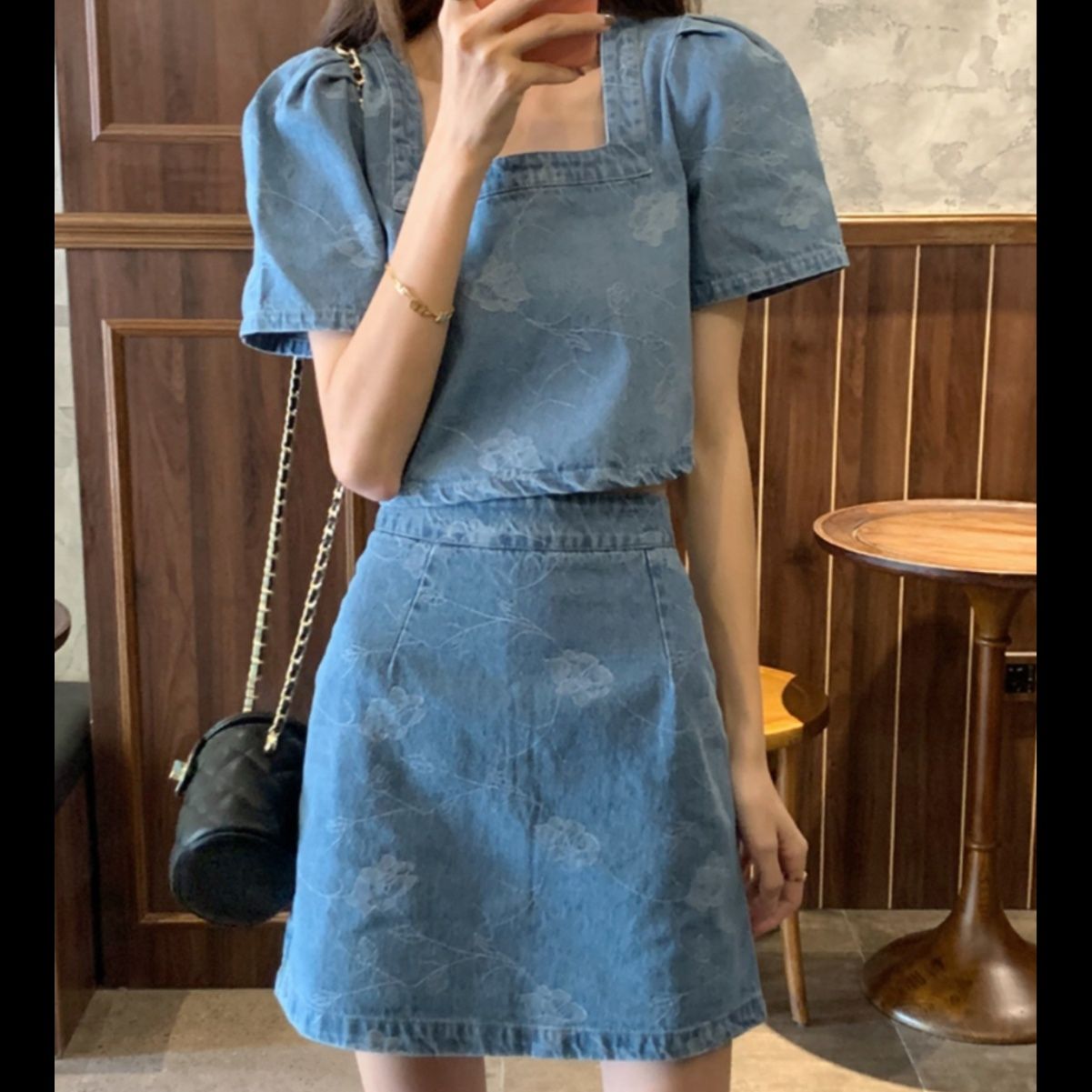 デニムセットアップ 薔薇模様ショート丈デニムセット